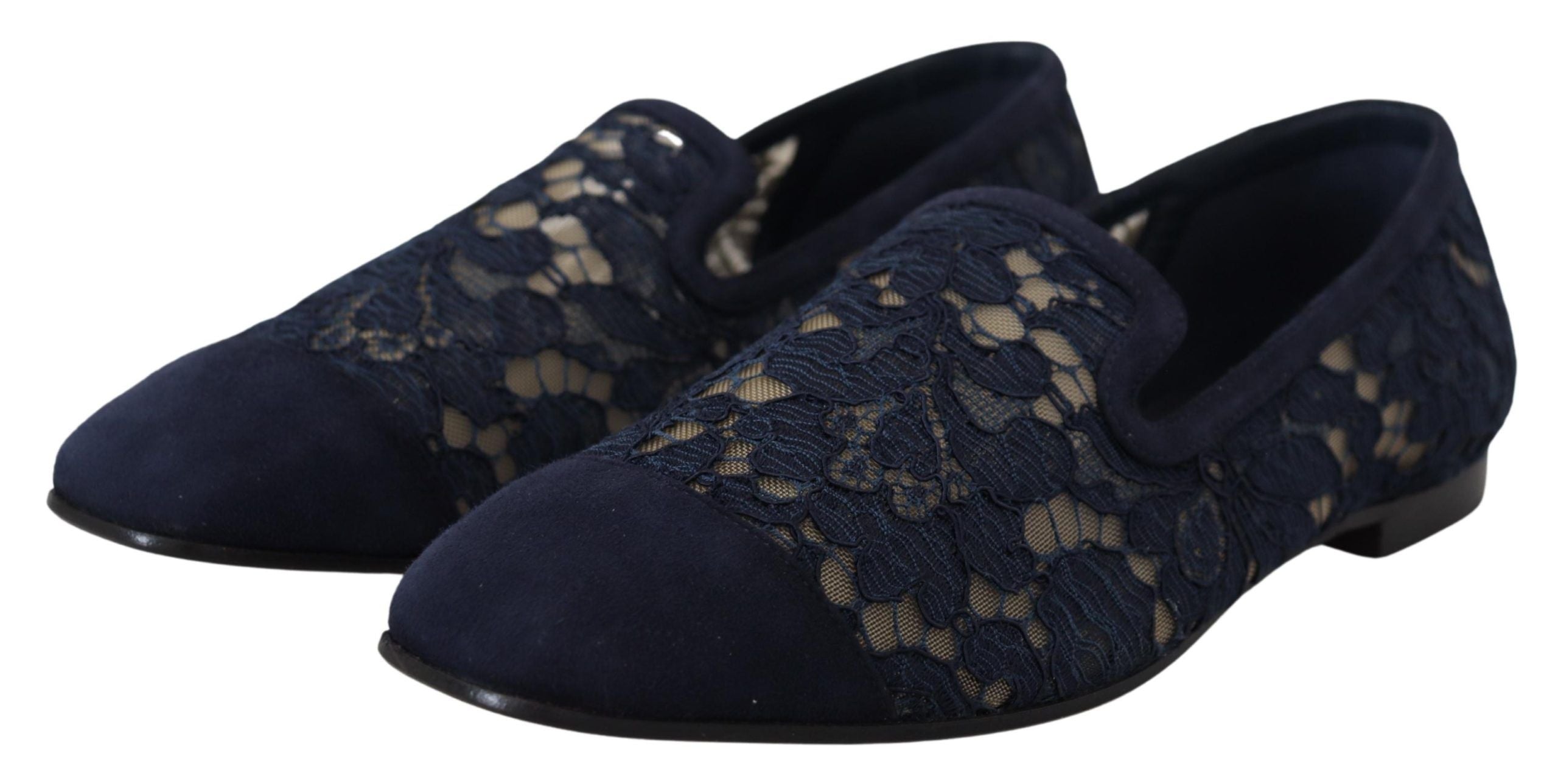 DOLCE & GABBANA Blue Floral Lace Slip Ons Loafers Flats Shoes
