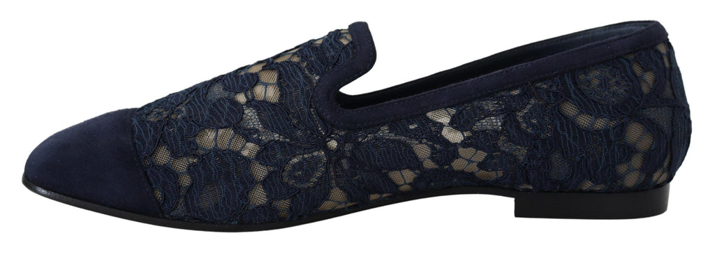 DOLCE & GABBANA Blue Floral Lace Slip Ons Loafers Flats Shoes