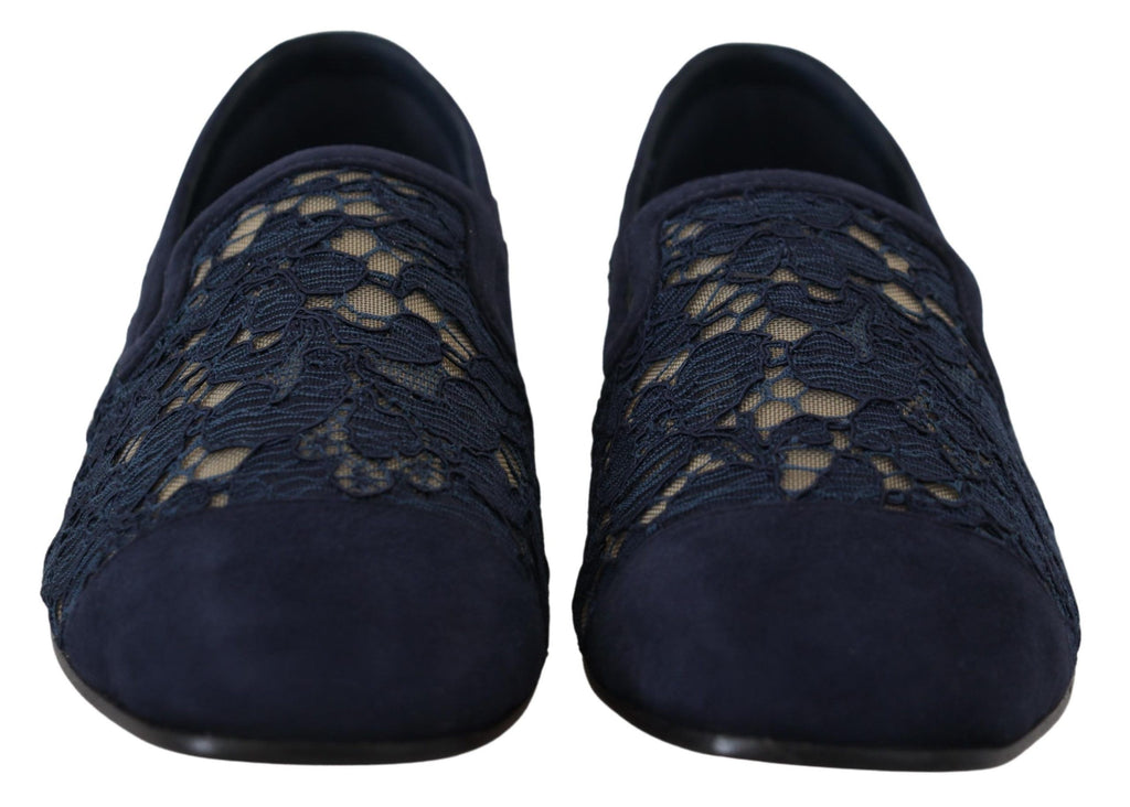 DOLCE & GABBANA Blue Floral Lace Slip Ons Loafers Flats Shoes