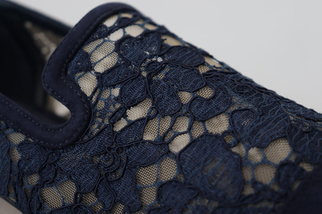 DOLCE & GABBANA Blue Floral Lace Slip Ons Loafers Flats Shoes